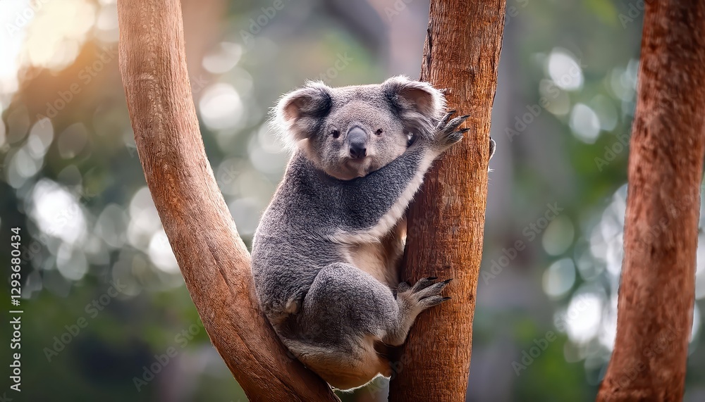 Naklejka premium Majestic Koala Perched Serenely Amongst Australian Eucalyptus, Warmth and Tranquility Radiate from the Forest Canopy in this Beautiful Aussie Moment.