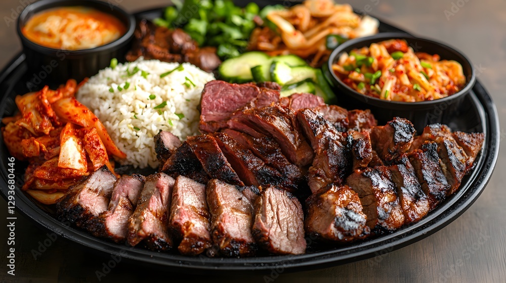 Korean bbq platter with meat rice and various side dishes Korean bbq platter with meat rice and various side dishes