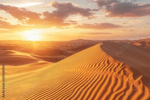 Golden Sunset Over Serene Sand Dunes in the Desert Landscape