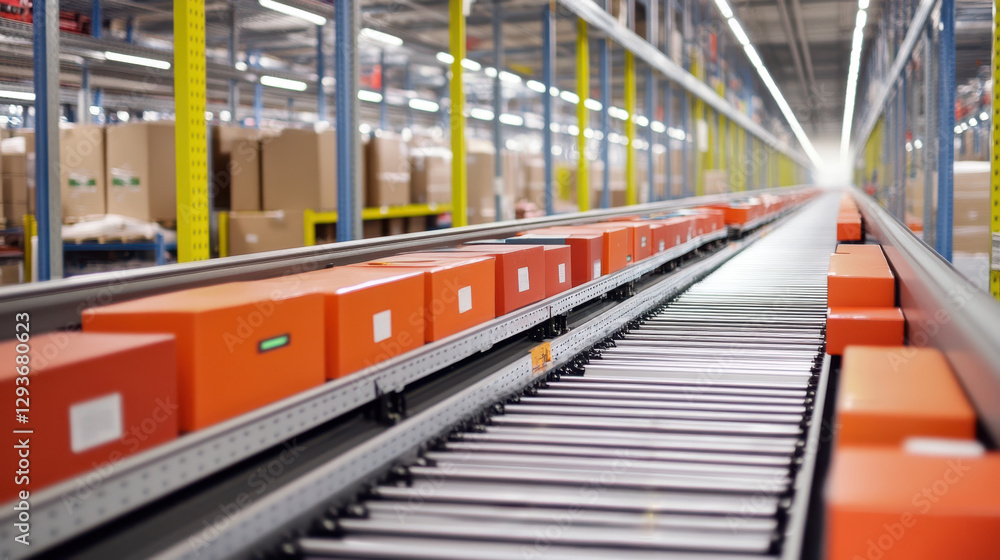 Fototapeta premium A large warehouse featuring a conveyor belt laden with boxes, alongside neatly organized boxes on shelves, showcasing efficient storage and logistics.