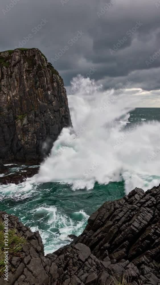 Powerful waves crash against rugged cliffs, creating dramatic sprays of water against a stormy sky. The landscape captures the raw beauty of nature's elements, showcasing the coastal environment.