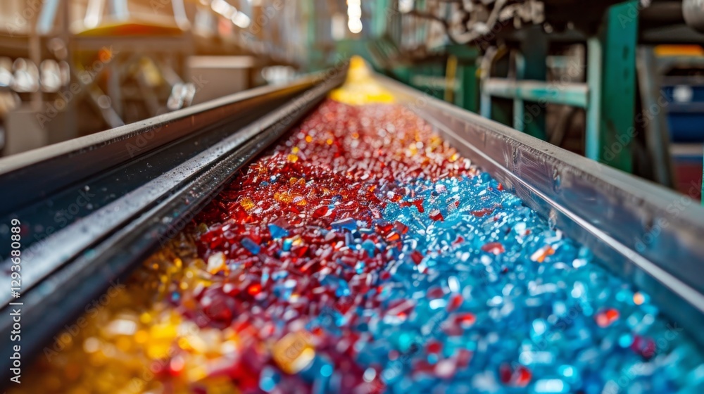 A vibrant collection of colorful candies in shades of blue, red, and yellow is seen cascading down a conveyor belt in a bright workshop setting during daylight. A vibrant collection of colorful candies in shades of blue, red, and yellow is seen cascading down a conveyor belt in a bright workshop setting during daylight.