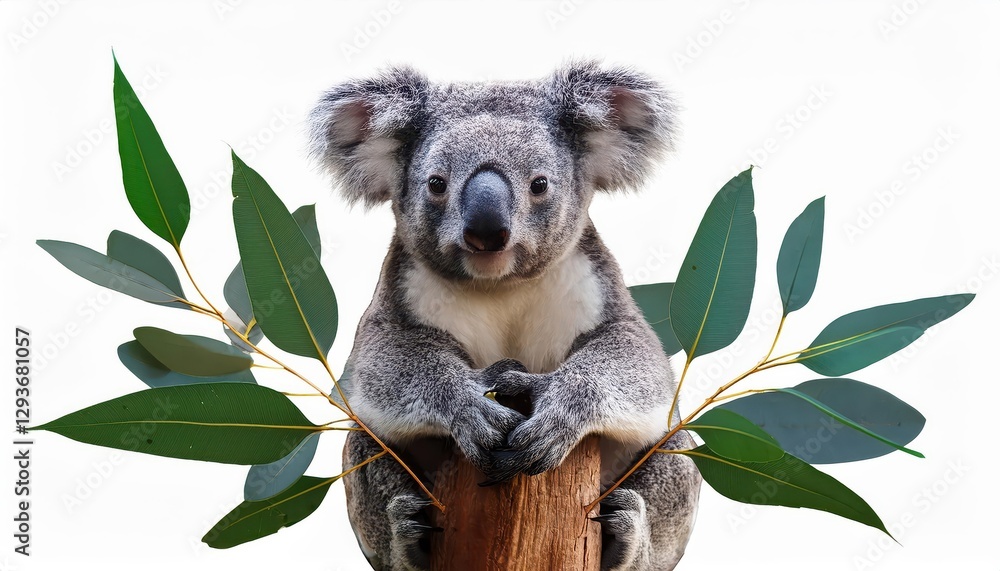 Fototapeta premium Endearing Koala Resting Amongst Eucalyptus Greenery Against a White Backdrop, Radiating Peace and Serenity in an Australian Wildlife Haven.