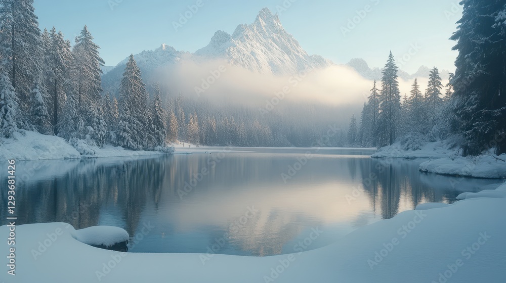 A picturesque snowy mountain range encircles a serene lake, with lush trees elegantly framing the foreground, creating a tranquil natural scene. A picturesque snowy mountain range encircles a serene lake, with lush trees elegantly framing the foreground, creating a tranquil natural scene.