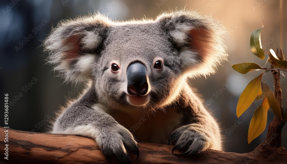 Fototapeta premium Koala lounging in a eucalyptus grove at dawn, capturing the tranquility and beauty of Australian bushland with lush greenery and warm sunlight.