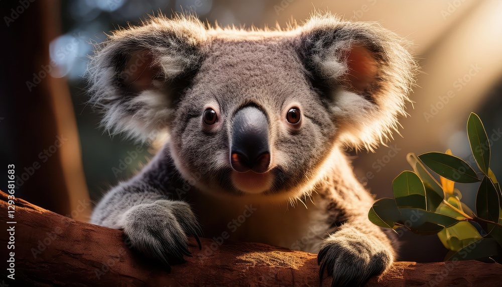 Fototapeta premium Koala in the Australian Outback, Majestically Perched on a Eucalyptus Tree at Dusk, Grazing on its Leaves against a Backdrop of Oranges and Blush, Capturing the Tranquil Mood of an Aussie Evening