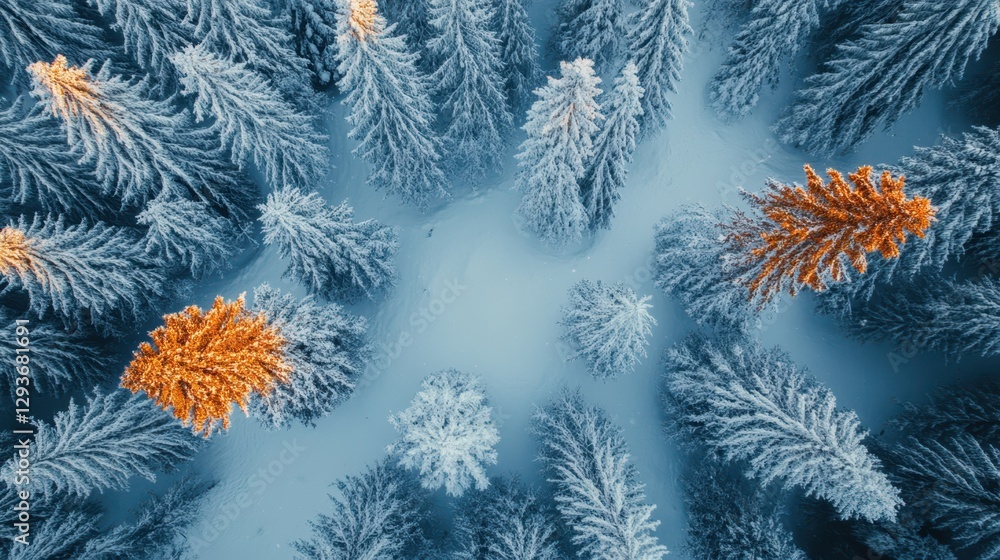 A serene forest scene featuring snow-laden trees alongside vibrant orange leaves, creating a beautiful contrast in a winter landscape. A serene forest scene featuring snow-laden trees alongside vibrant orange leaves, creating a beautiful contrast in a winter landscape.