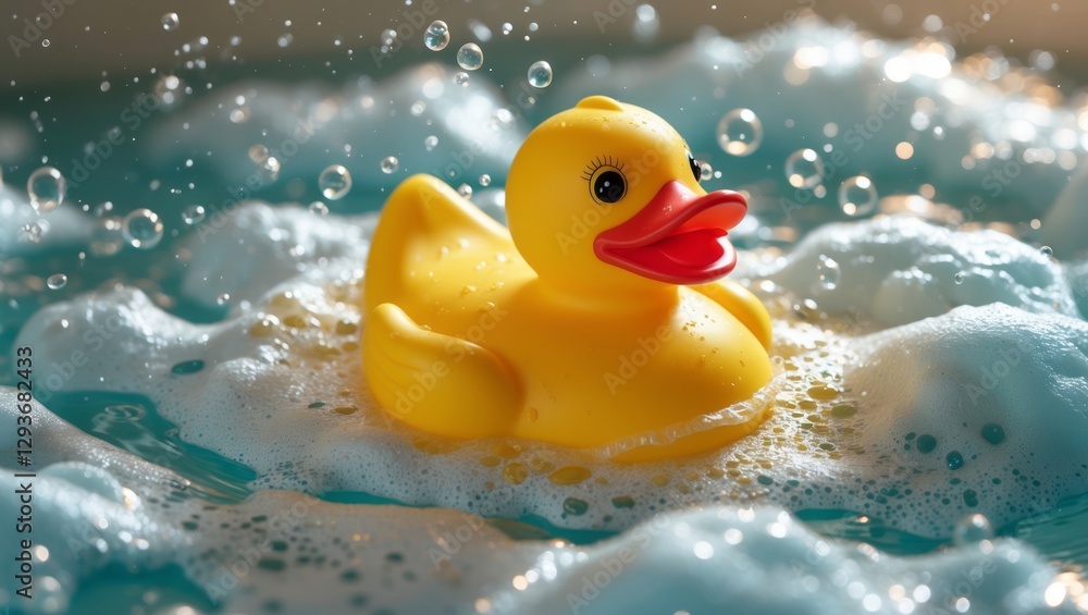 A bright yellow rubber ducky floats amidst bubbles and water A bright yellow rubber ducky floats amidst bubbles and water
