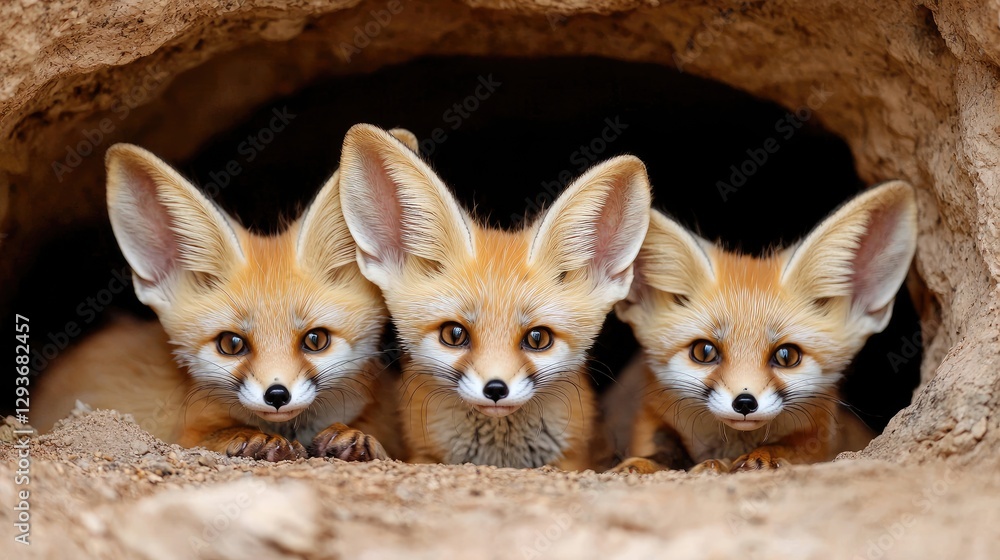 Fototapeta premium Desert Fox Kits in Cave, Cute Wildlife, Nature's Treasure, Wildlife Photography, Possible use Educational purposes, Children's books, Nature documentaries