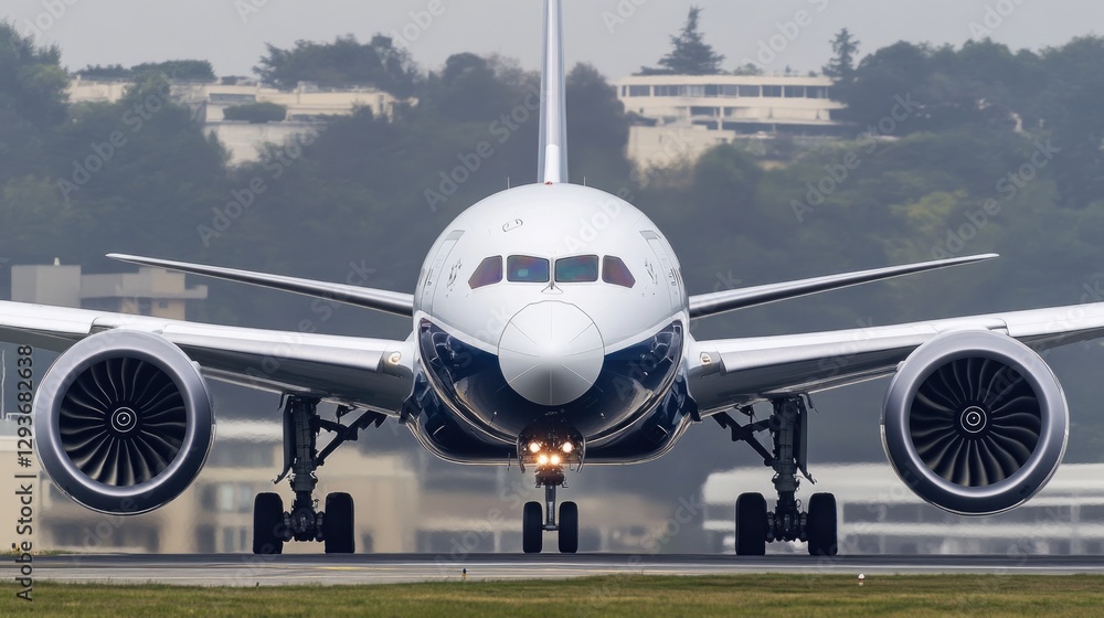 A large jetliner sits on the airport runway, ready for departure A large jetliner sits on the airport runway, ready for departure