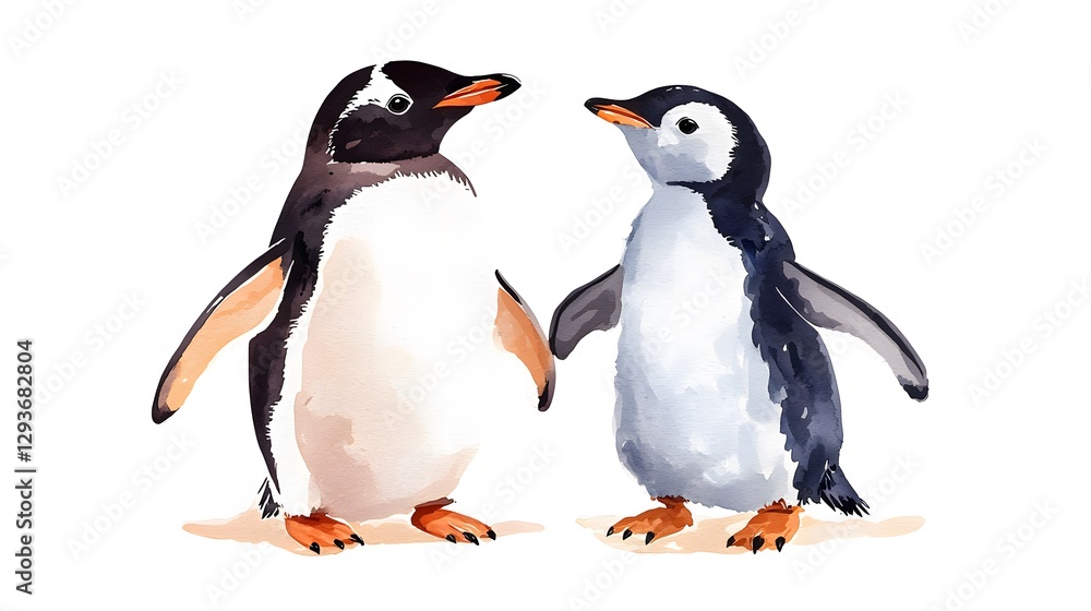 Fototapeta premium Playful penguins arctic habitat illustration cute environment side view animal interaction for kids
