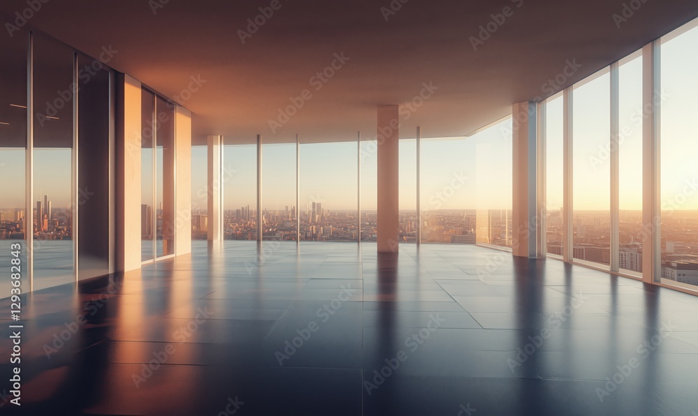 Modern empty office space with panoramic city view at sunset Modern empty office space with panoramic city view at sunset