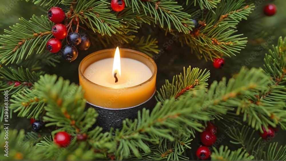 Christmas tree decorated with candles and ornaments in a festive winter setting, Generative Ai Christmas tree decorated with candles and ornaments in a festive winter setting, Generative Ai