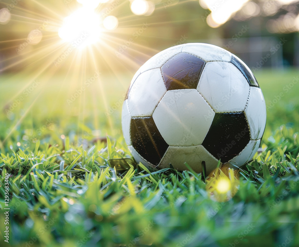 Fototapeta premium Sunlit soccer ball resting on vibrant green grass at dusk