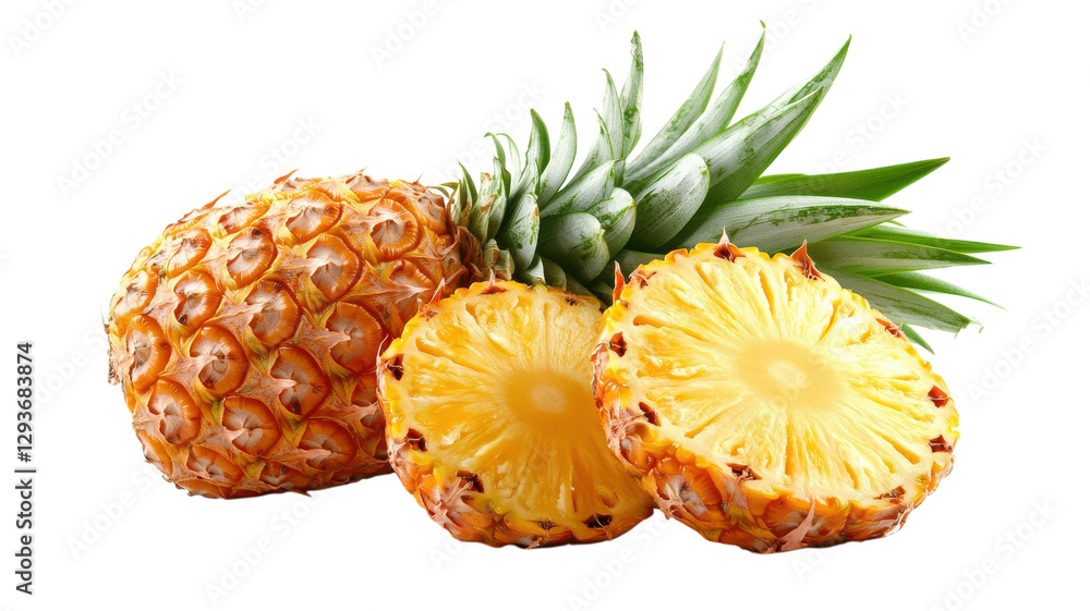 Freshly cut pineapple showcasing vibrant yellow interior and green leaves in a bright, inviting setting Freshly cut pineapple showcasing vibrant yellow interior and green leaves in a bright, inviting setting