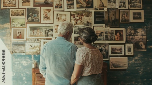 A couple stands in front of a wall decorated with framed photographs showcasing moments and memories