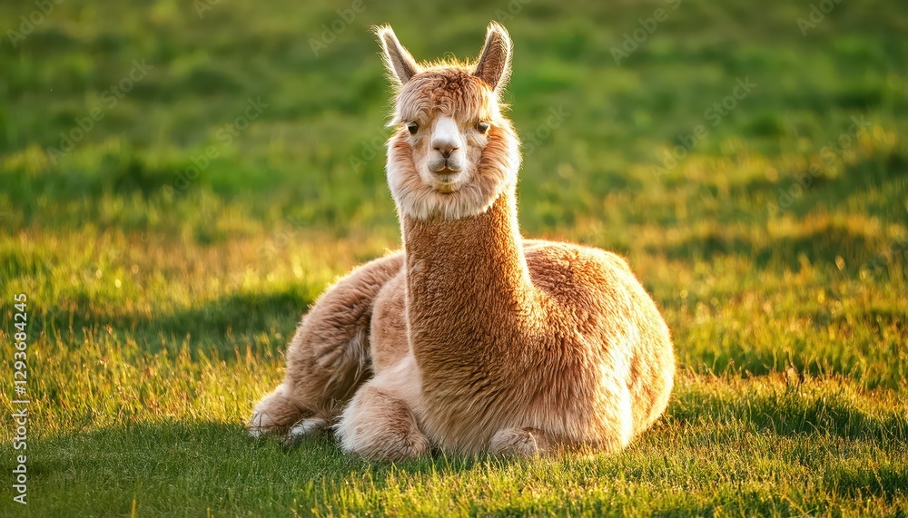 Serene Moment A Lama Resting amidst Green Pastures, an Alpaca Farm, and the Calm of Twilight, Set against the Backdrop of a Productive Agricultural Landscape. Serene Moment A Lama Resting amidst Green Pastures, an Alpaca Farm, and the Calm of Twilight, Set against the Backdrop of a Productive Agricultural Landscape.