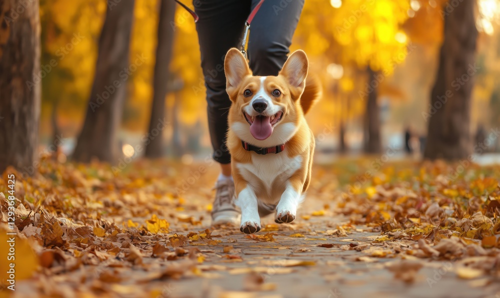 Fototapeta premium Corgi running joyfully on autumn path surrounded by colorful leaves