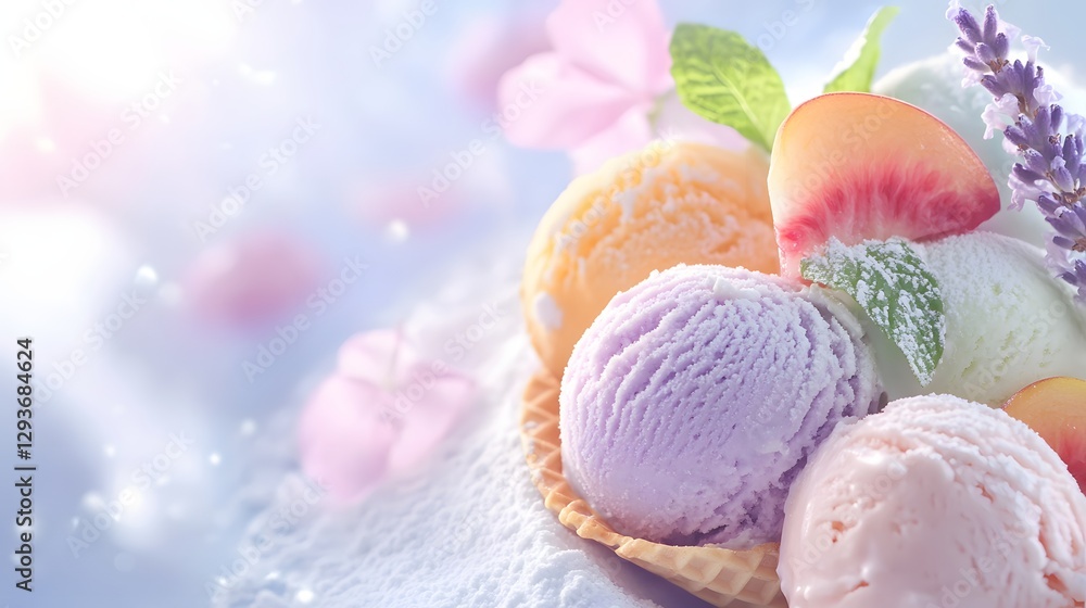 Pastel ice cream scoops with peach and lavender garnish Pastel ice cream scoops with peach and lavender garnish