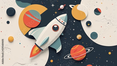 Fototapeta Naklejka Na Ścianę i Meble -  Paper cutout illustration of a rocket ship flying through space with planets and stars