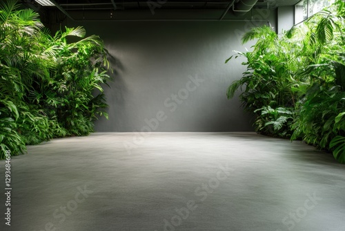 Lush greenery frames an empty space, creating serene and invitin
