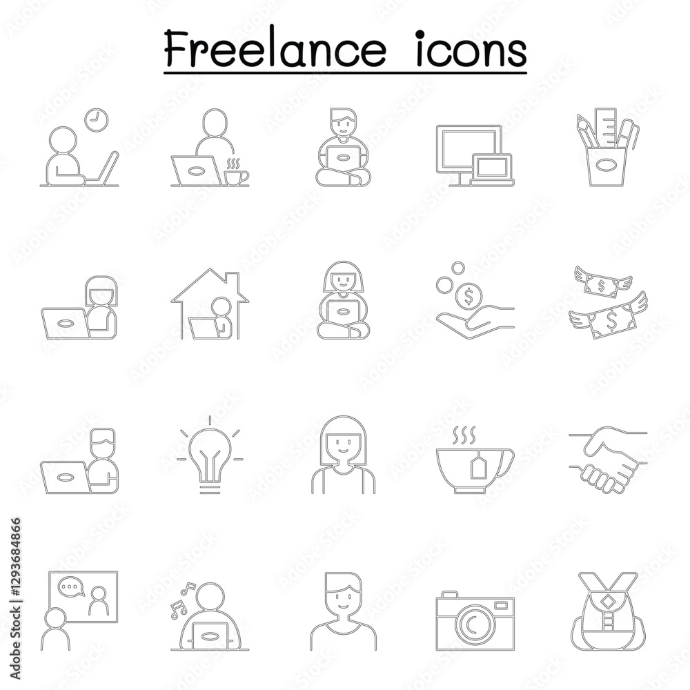 Freelance icons set in thin line style Freelance icons set in thin line style