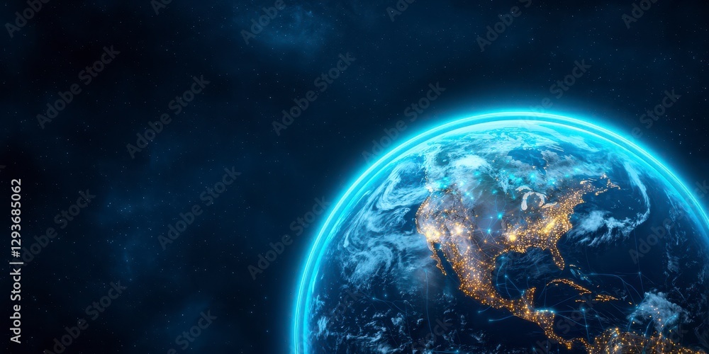 Fototapeta premium Digital illustration of earth from space with glowing network connections and satellite view of the planet
