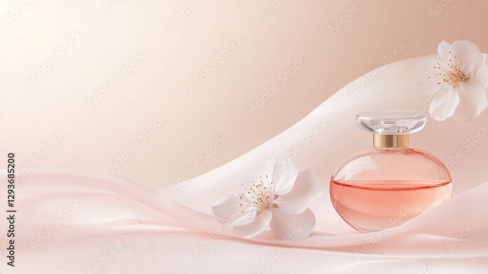 An elegant glass perfume bottle infused with peach blossom petals An elegant glass perfume bottle infused with peach blossom petals