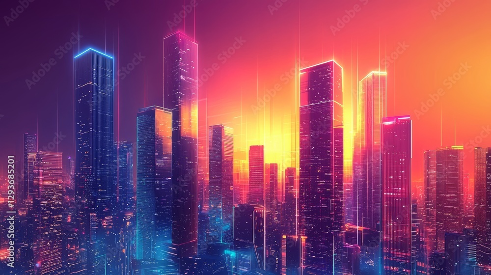 Fototapeta premium Neon Cityscape Vibrant Towers Urban Glow