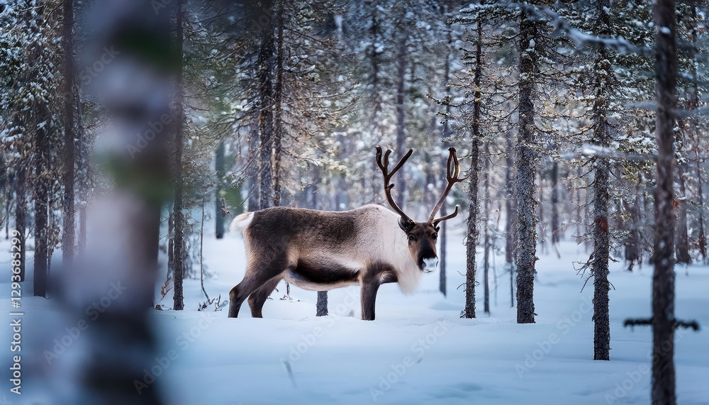 Reindeer Grazing in a Winter Wonderland of Lapland Boreal Forest, Capturing the Spirit of Frozen Enchantment and Serene Beauty. Reindeer Grazing in a Winter Wonderland of Lapland Boreal Forest, Capturing the Spirit of Frozen Enchantment and Serene Beauty.