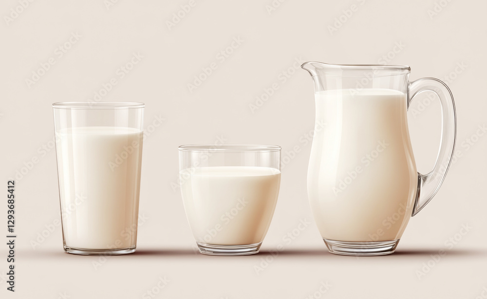 Various glasses and a pitcher filled with milk on a neutral background Various glasses and a pitcher filled with milk on a neutral background