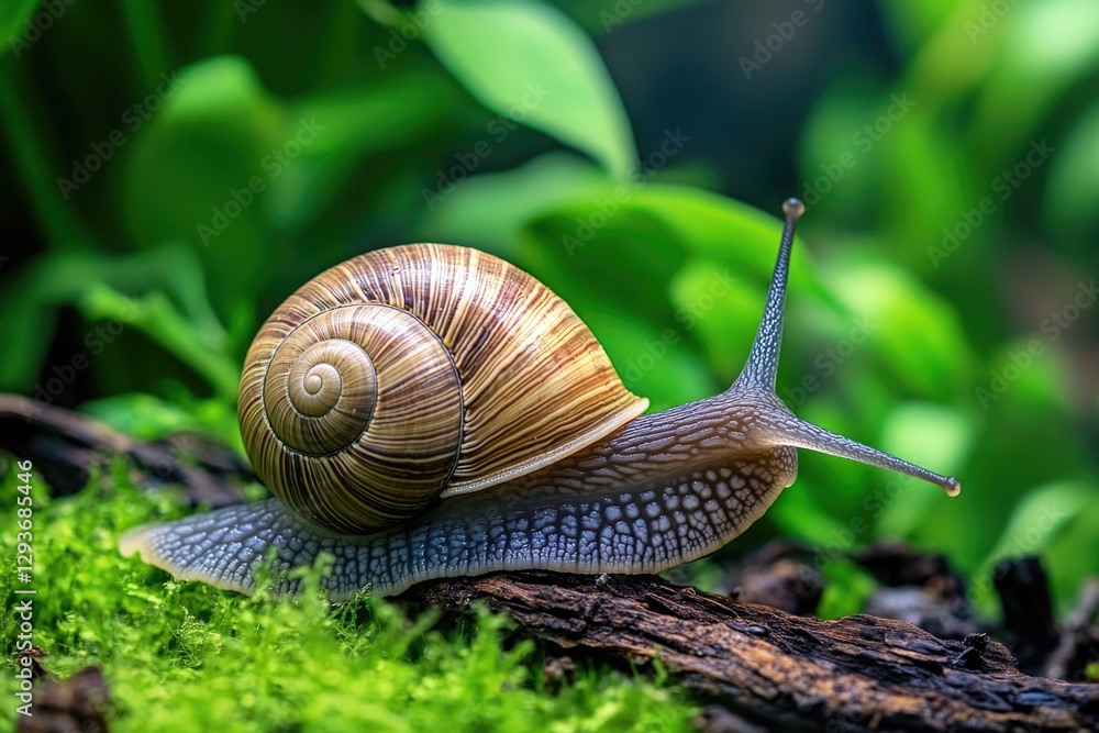 A snail sits on some lush green moss A snail sits on some lush green moss