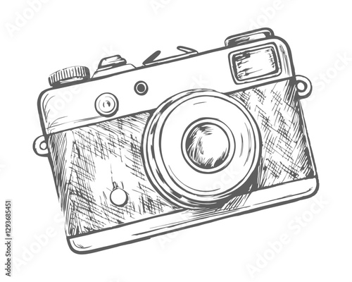 Hand-drawn retro photo camera sketch illustration. Vintage-style etching, perfect for packaging, prints, menus, and digital designs.