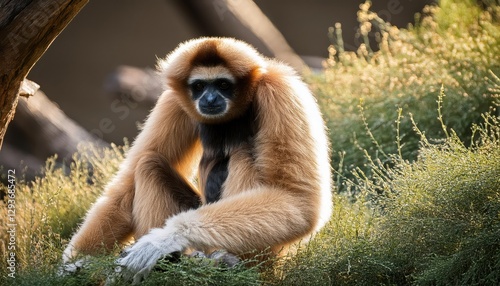 WhiteHanded Gibbon in Lush Rainforest Canopy, Majestically Swinging amidst Green Leaves and Bright Fruits under Sunlight Rays, Showcasing the Endangered Primates Agility and Grace. photo