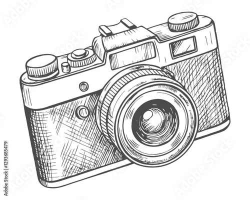 Hand-drawn retro photo camera sketch illustration. Vintage-style etching, perfect for packaging, prints, menus, and digital designs.