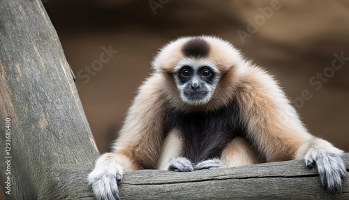 Endangered WhiteHanded Gibbon Amidst Lush Tropical Forest, Majestic Creature Poised with Confidence in its Habitat, Showcasing the Beauty and Vulnerability of the Lar Gibbon photo