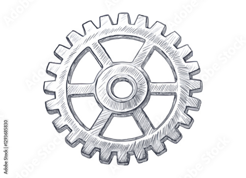 Hand-drawn gear cog sketch illustration with fine lines and shading. Vintage-style etching, perfect for engineering designs, logos, and prints. High-quality vector art.