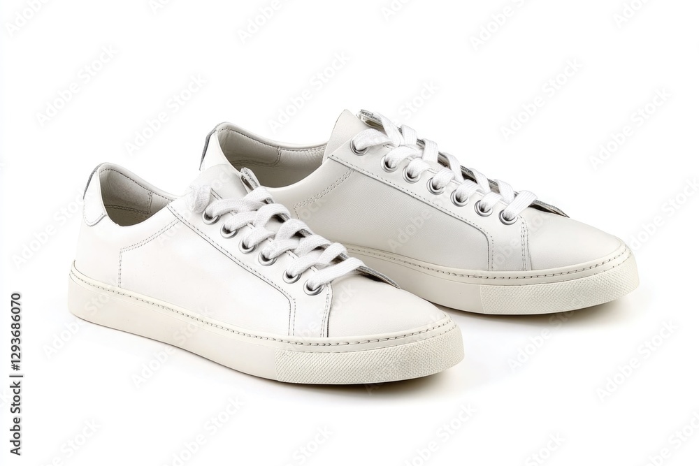A pair of white sneakers sitting on a white surface, ready for use A pair of white sneakers sitting on a white surface, ready for use