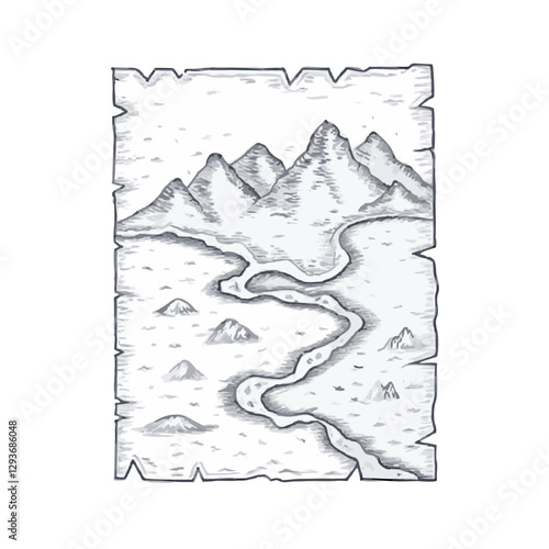 Hand-drawn old map sketch illustration with fine lines and intricate details. Vintage-style etching, perfect for prints, decor, and adventure-themed designs. High-quality vector art.
