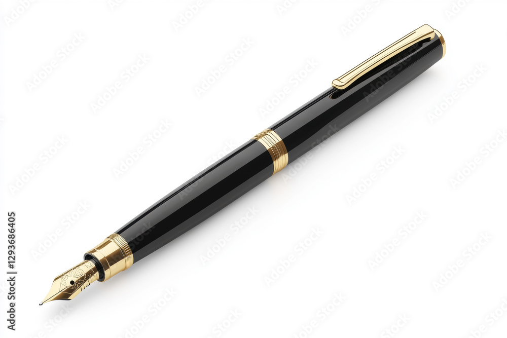 Elegant black fountain pen with gold accents on white background Elegant black fountain pen with gold accents on white background