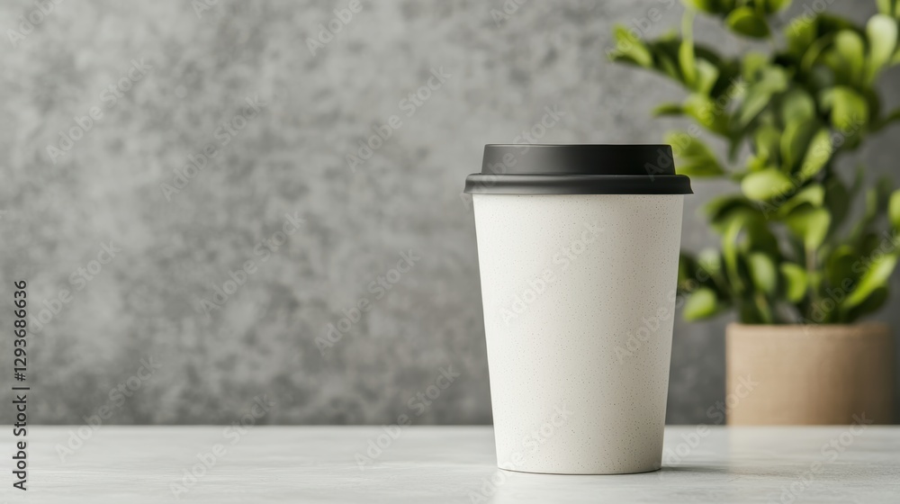 A minimalist scene featuring a takeaway coffee cup on a table beside a potted plant, with a textured gray background. A minimalist scene featuring a takeaway coffee cup on a table beside a potted plant, with a textured gray background.