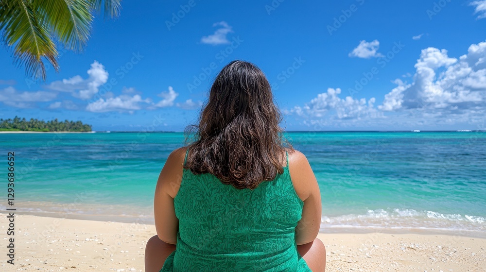 Woman sitting on tropical beach looking out at ocean embracing freedom and relaxation on business travel
