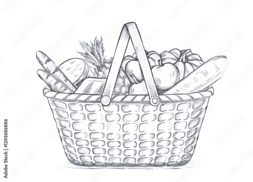 Obraz premium Hand-drawn sketch illustration of a shopping basket full of fresh vegetables and fruits. Perfect for food-related designs, packaging, prints, and digital projects. High-quality vector art.