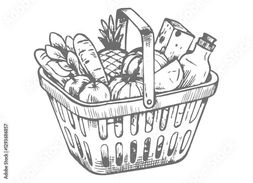 Hand-drawn sketch illustration of a shopping basket full of fresh vegetables and fruits. Perfect for food-related designs, packaging, prints, and digital projects. High-quality vector art.