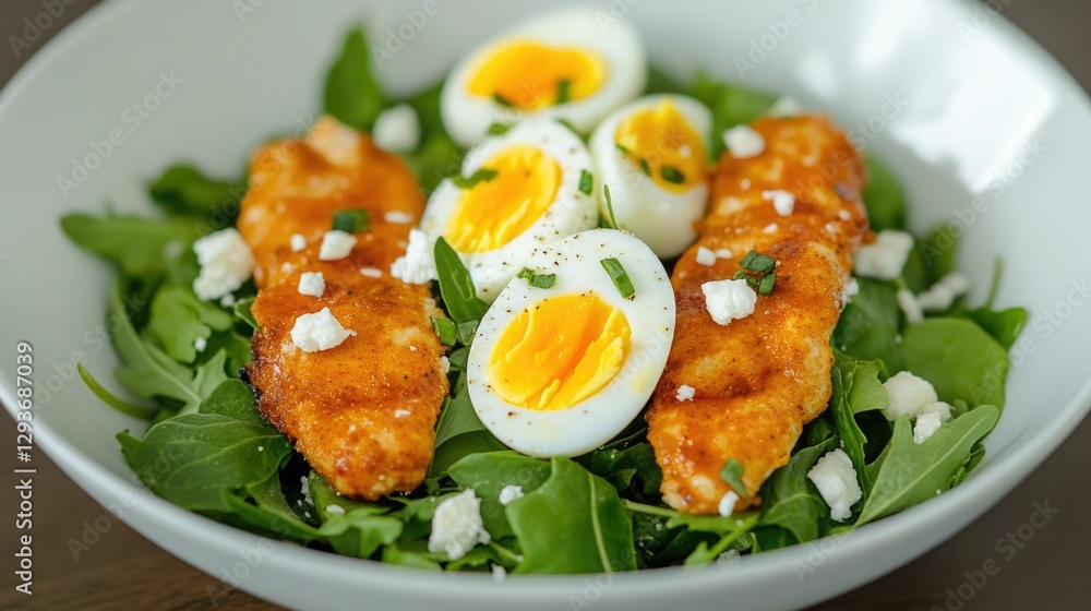 Protein Packed Salad with Grilled Chicken Strips Boiled Eggs and Feta Cheese on a Bed of Fresh Greens A Nutritious and Delicious Lunch or Dinner Option Protein Packed Salad with Grilled Chicken Strips Boiled Eggs and Feta Cheese on a Bed of Fresh Greens A Nutritious and Delicious Lunch or Dinner Option