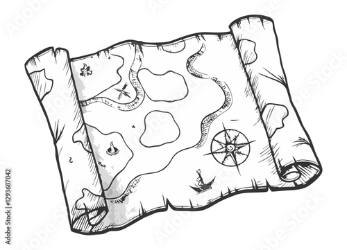 Hand-drawn old map sketch illustration with fine lines and intricate details. Vintage-style etching, perfect for prints, decor, and adventure-themed designs.