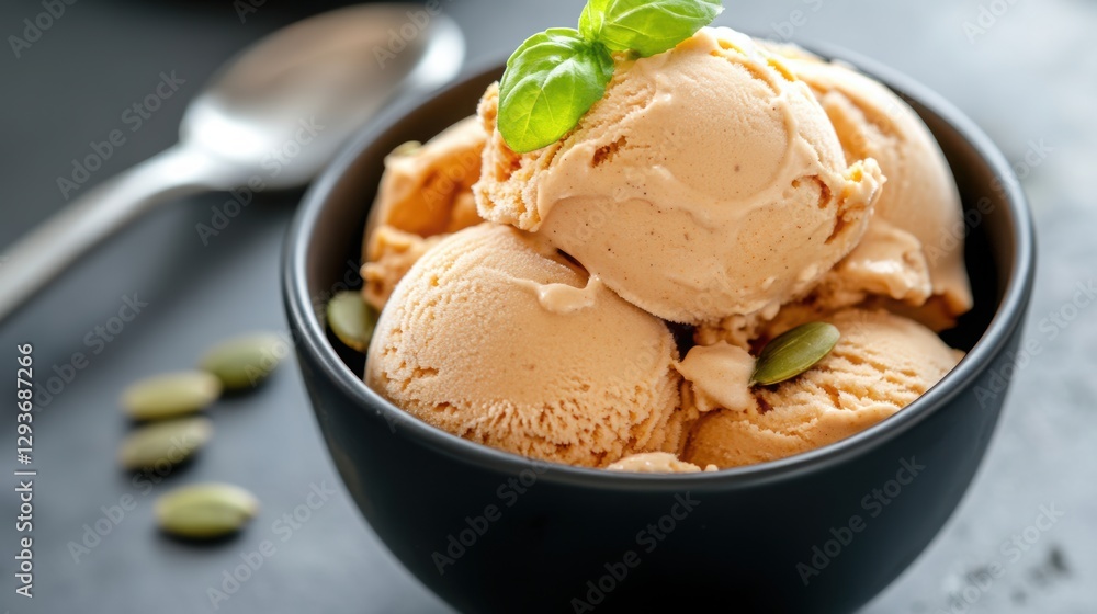 Autumn ice cream with pumpkin seeds and spices. Autumn ice cream with pumpkin seeds and spices.