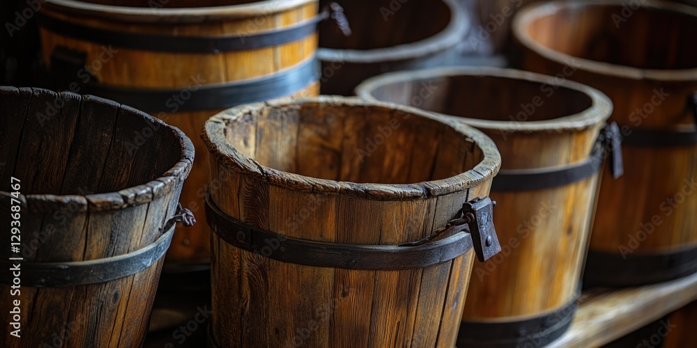 Stacked wooden buckets on a shelf, perfect for rustic or vintage-themed projects Stacked wooden buckets on a shelf, perfect for rustic or vintage-themed projects