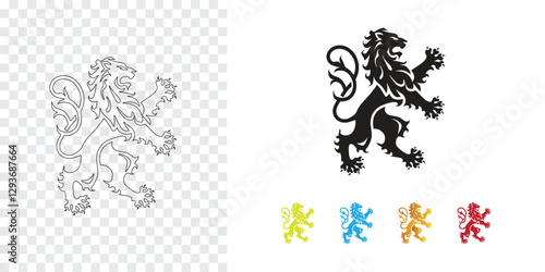 Heraldic lion icon in black outline and colorful variations for design use