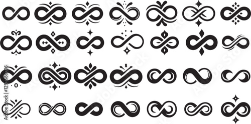 Infinity symbols collection, for logo design, branding, mathematical representation. Various infinity icon styles, simple to artistic. Endless, eternal, limitless concept.